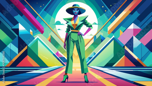 Futuristic Fashion Model with Geometric Background