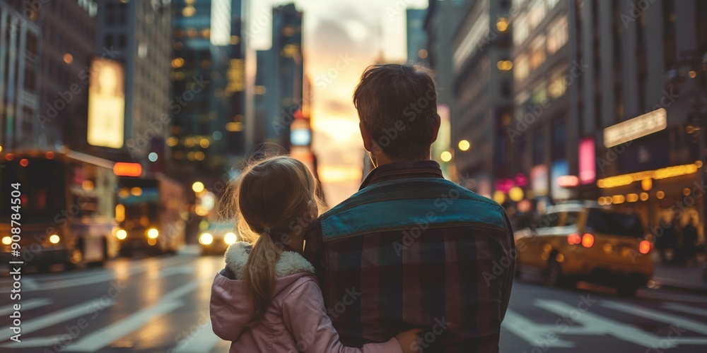 A man and a woman are standing on a city street, looking at the sunset. The man is wearing a plaid shirt and the woman is wearing a pink coat. The scene is set in a busy city with cars A man and a woman are standing on a city street, looking at the sunset. The man is wearing a plaid shirt and the woman is wearing a pink coat. The scene is set in a busy city with cars