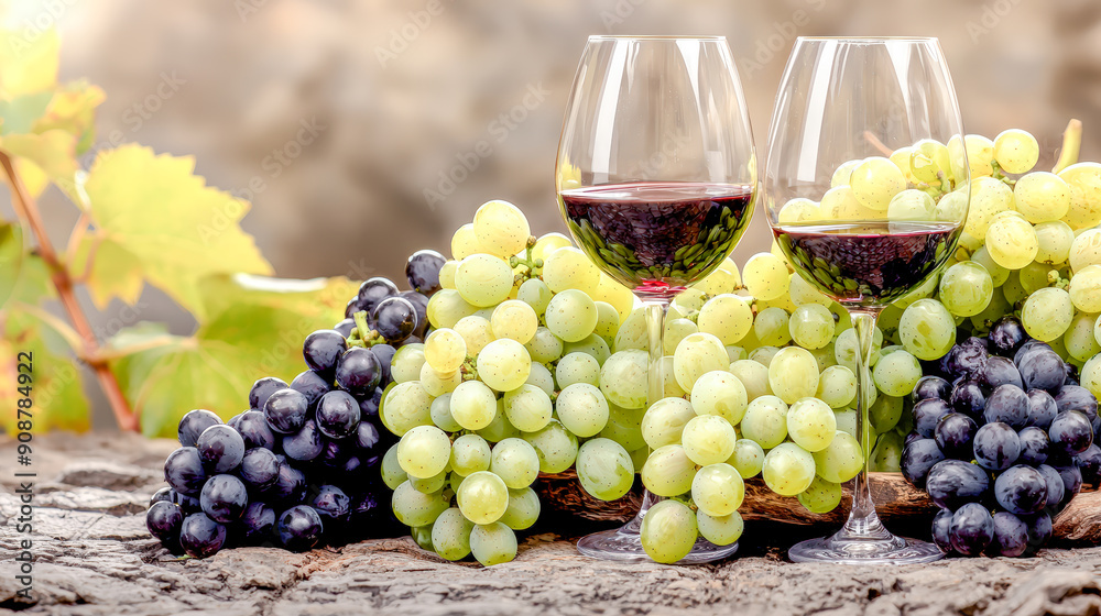 An idyllic scene from an Italian vineyard Two wine glasses and a plate of fresh grapes in the foreground with a picturesque vineyard stretching out in the background. Perfect for showcasing the romanc An idyllic scene from an Italian vineyard Two wine glasses and a plate of fresh grapes in the foreground with a picturesque vineyard stretching out in the background. Perfect for showcasing the romanc