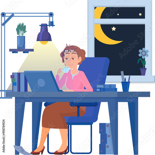 Woman work late. Office employee in workplace interior with night window