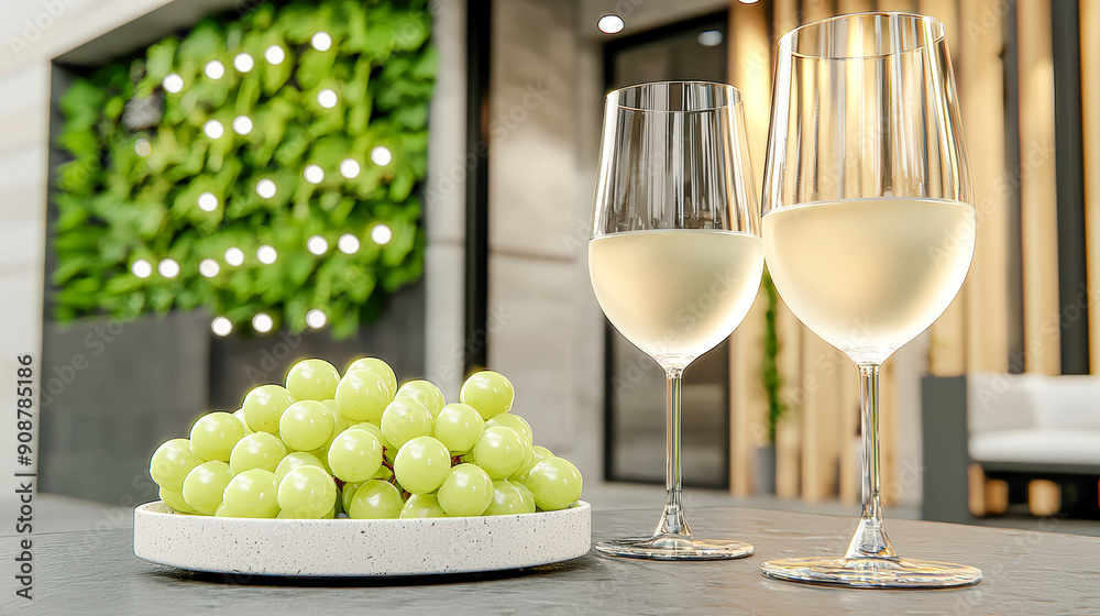 An idyllic scene from an Italian vineyard Two wine glasses and a plate of fresh grapes in the foreground with a picturesque vineyard stretching out in the background. Perfect for showcasing the romanc An idyllic scene from an Italian vineyard Two wine glasses and a plate of fresh grapes in the foreground with a picturesque vineyard stretching out in the background. Perfect for showcasing the romanc