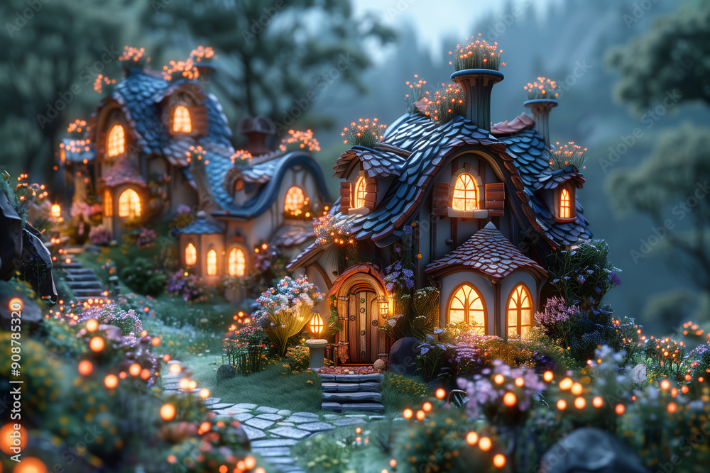 Enchanting Fairy Tale Village at Dusk. Fantasy scenery backdrop Enchanting Fairy Tale Village at Dusk. Fantasy scenery backdrop