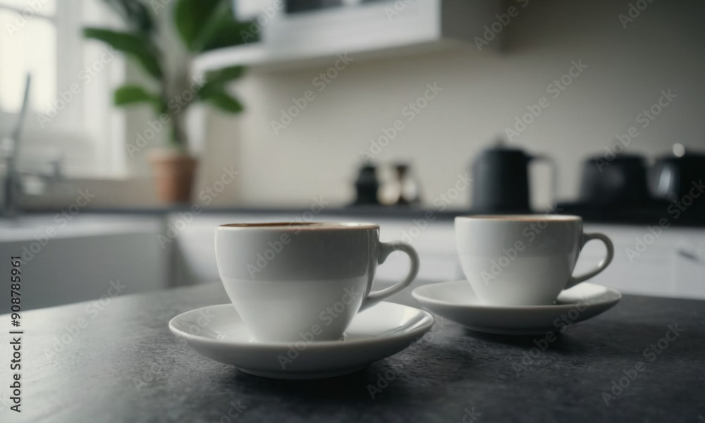 Two cups of fresh coffee or tea on the table in the kitchen. Lifestyle concept. Close up. Two cups of fresh coffee or tea on the table in the kitchen. Lifestyle concept. Close up.