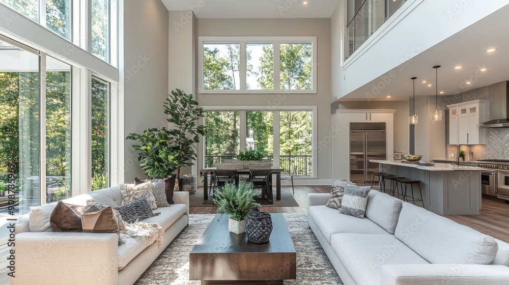 Spacious open plan living room with large windows overlooking nature Spacious open plan living room with large windows overlooking nature