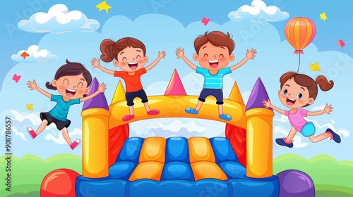 Cartoon vector children playing on a bouncy castle at a carnival