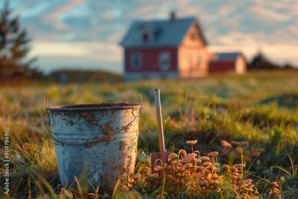 Close up of a rusted bucket and spade in a field with a farm house in the background. Agricultural field with gardening equipment. Close up of a rusted bucket and spade in a field with a farm house in the background. Agricultural field with gardening equipment.
