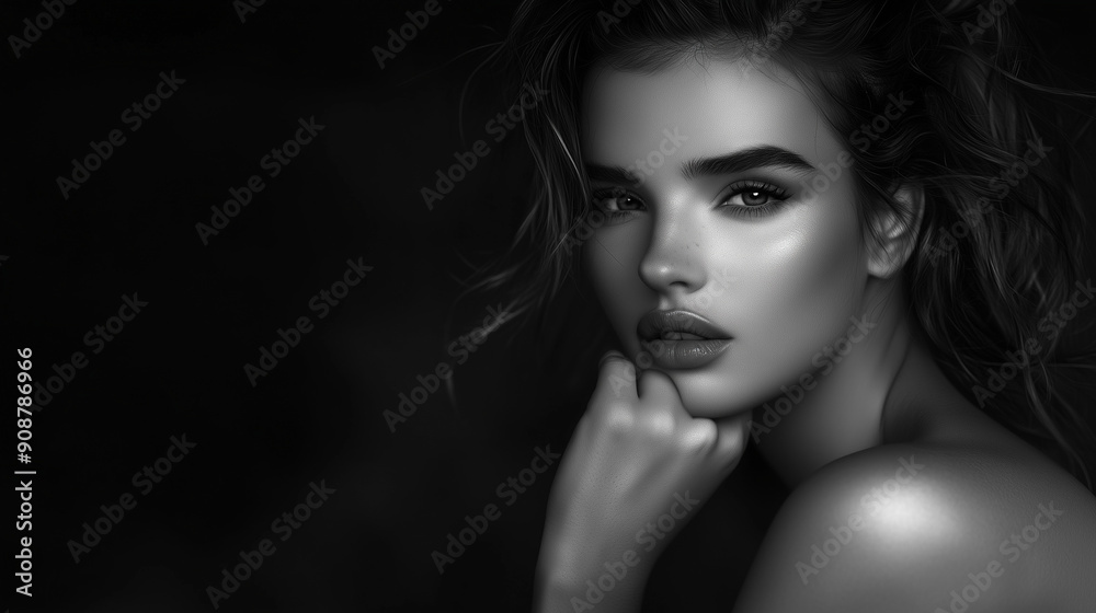 eautiful woman with hand on chin, black and white photography, soft lighting, dark background, eautiful woman with hand on chin, black and white photography, soft lighting, dark background,