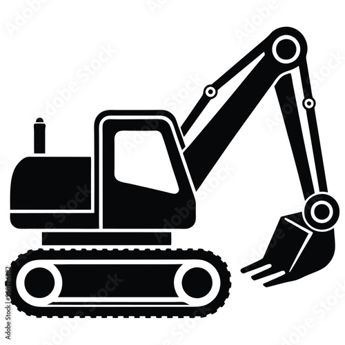 Vector illustration of an excavator silhouette in black and white, detailed and minimalistic design.