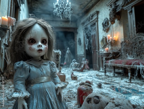 Creepy old mansion with haunted house elements and ghostly presences