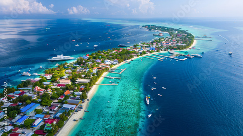 Stunning aerial view of Omadhoo island and surrounding waters