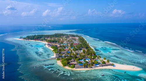 Aerial view of Omadhoo island in the Maldives photo