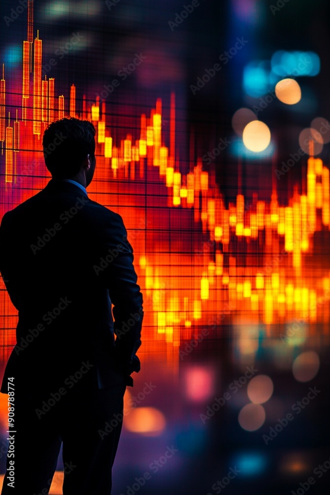 Fototapeta premium 株式市場チャートを背景にした心配を抱えたトレーダーのシルエット