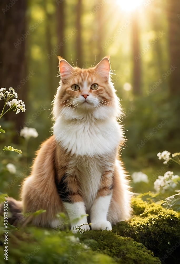Obraz premium Beautiful Cute furry cat sitting in garden, outdoors