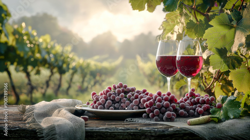 An idyllic scene from an Italian vineyard Two wine glasses and a plate of fresh grapes in the foreground with a picturesque vineyard stretching out in the background. Perfect for showcasing the romanc photo