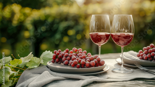 An idyllic scene from an Italian vineyard Two wine glasses and a plate of fresh grapes in the foreground with a picturesque vineyard stretching out in the background. Perfect for showcasing the romanc photo