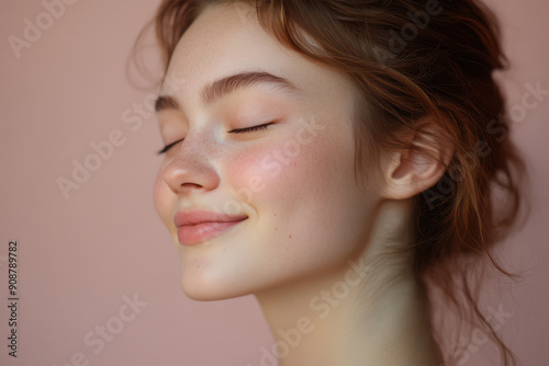 A close up of a girl's face with her eyes closed