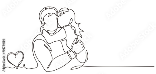 Continuous one line drawing vector illustration. Father with son in hands