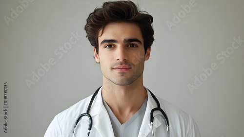 Young, handsome doctor portrait with a white-gray background. photo