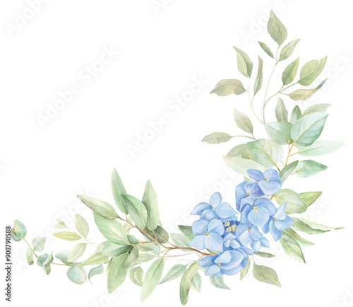 Blue hydrangea border PNG, watercolor arrangement 