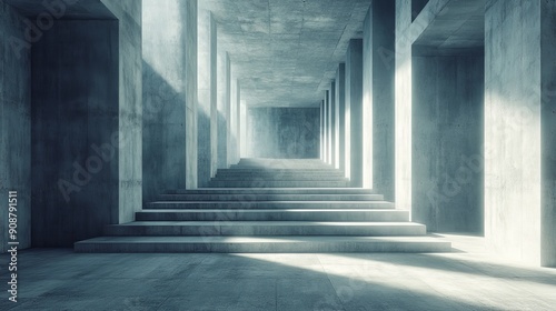 A large, empty, concrete hallway with a few steps leading up to a door