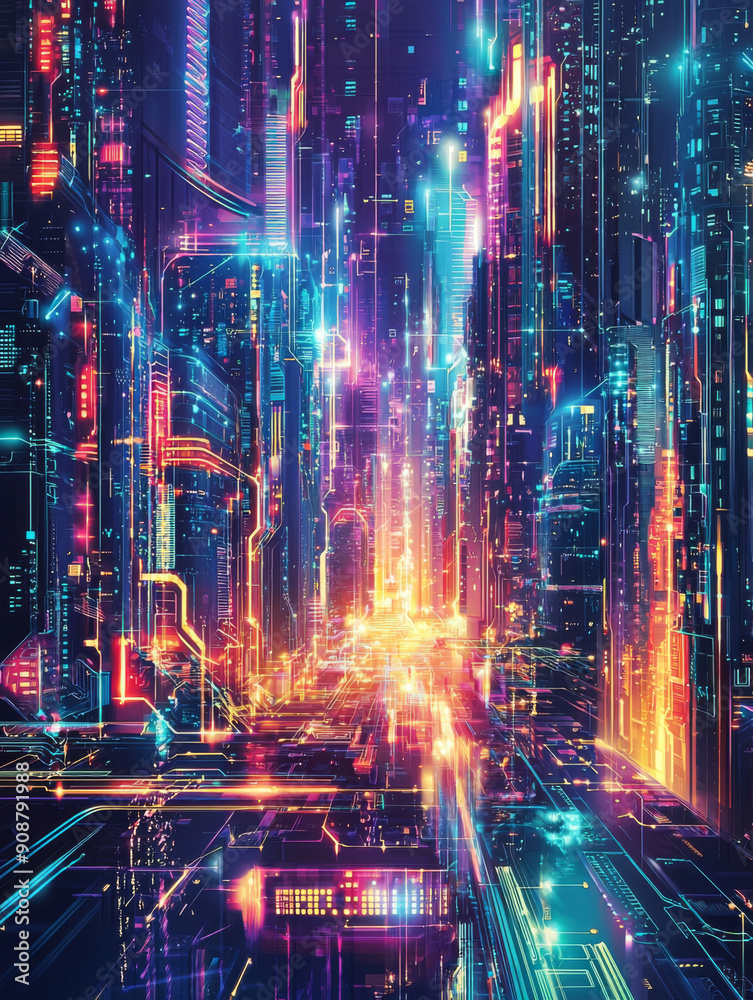 A cityscape with neon lights and a futuristic feel