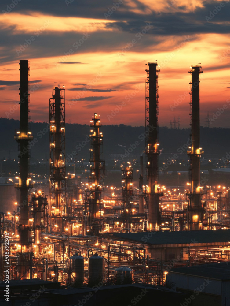 A city skyline with a large industrial area with many tall buildings A city skyline with a large industrial area with many tall buildings