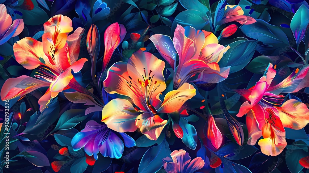 Bright fabric pattern with glowing freesias, intricate and radiant, seamlessly integrated for a magical look Bright fabric pattern with glowing freesias, intricate and radiant, seamlessly integrated for a magical look