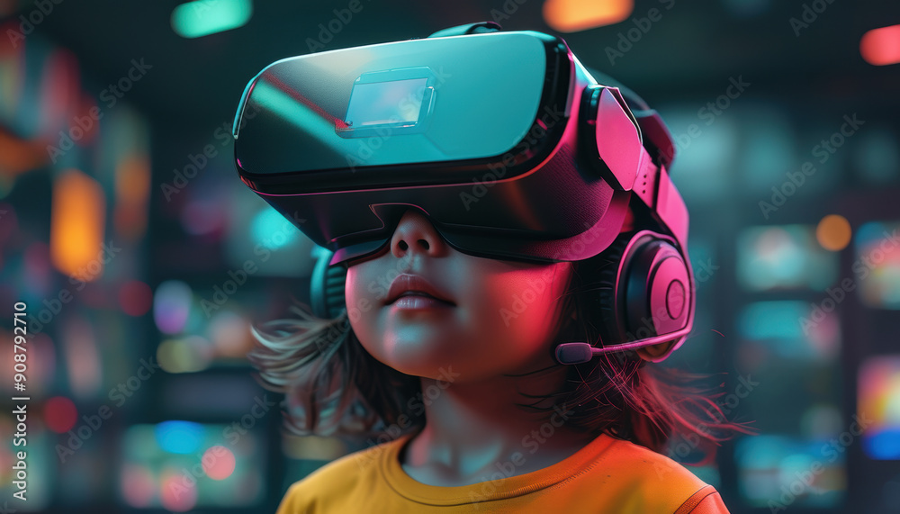 Child in Virtual Wonderland: Little Girl with VR Headset Experiencing Augmented Reality Child in Virtual Wonderland: Little Girl with VR Headset Experiencing Augmented Reality