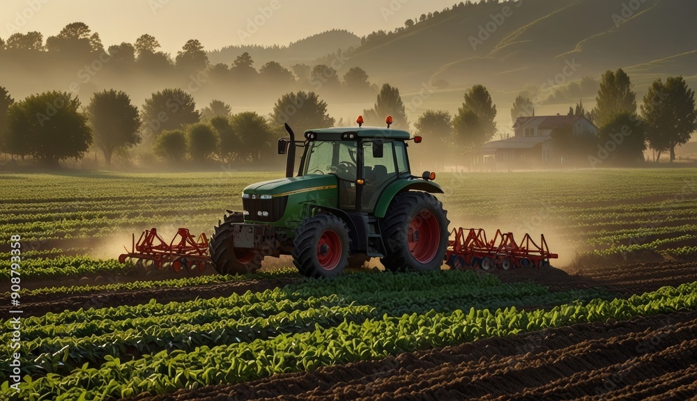 Fototapeta premium Tractor Working in Morning Mist