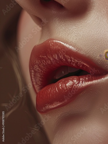 A close-up of a person lips. The lips are full and glossy rosa natural. The image should capture the texture and shine of the lips, highlighting the precision of the cosmetic procedure. 