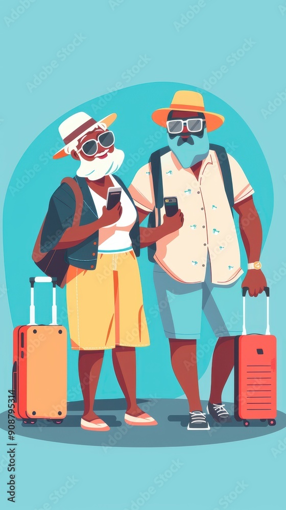 A cheerful senior couple is ready to travel, checking their smartphones and enjoying the moment at an airport A cheerful senior couple is ready to travel, checking their smartphones and enjoying the moment at an airport