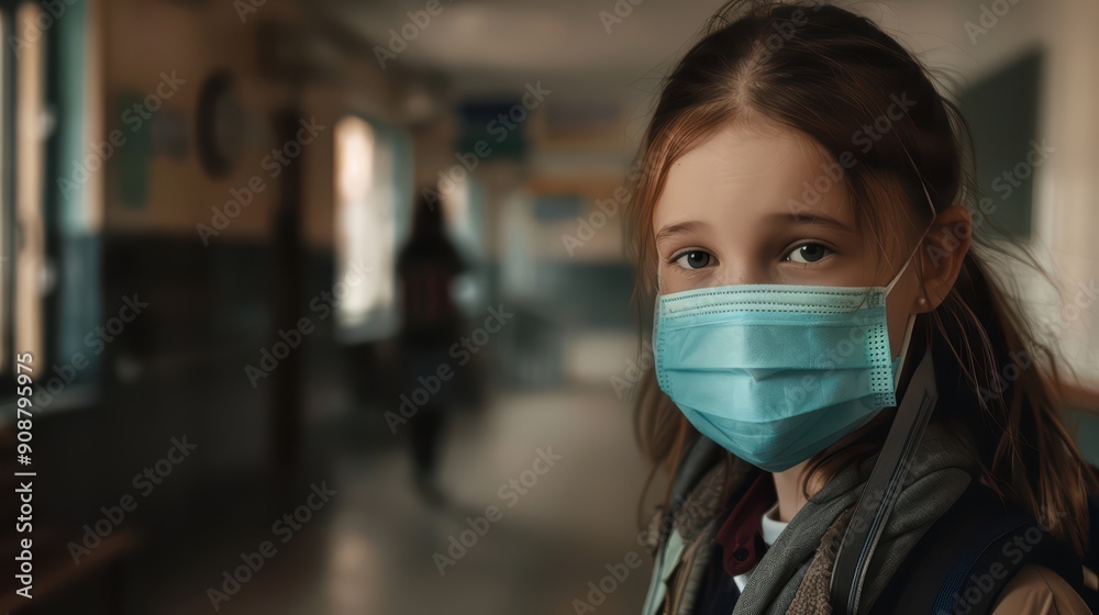 girl pupil on a school quarantine, wearing a face mask and standing in an empty school hall girl pupil on a school quarantine, wearing a face mask and standing in an empty school hall