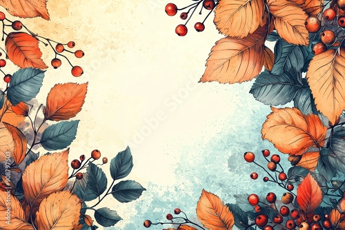 Autumn Leaves and Berries Hand-Drawn Horizontal Banner in Retro Doodle Style