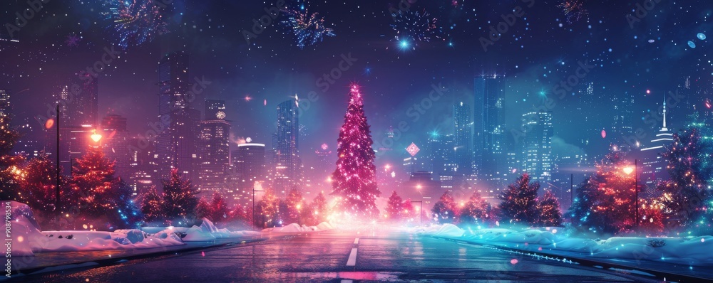 Fototapeta premium Futuristic cityscape with a festive Christmas tree and colorful fireworks