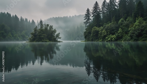 Mystical Lake with Foggy Reflections