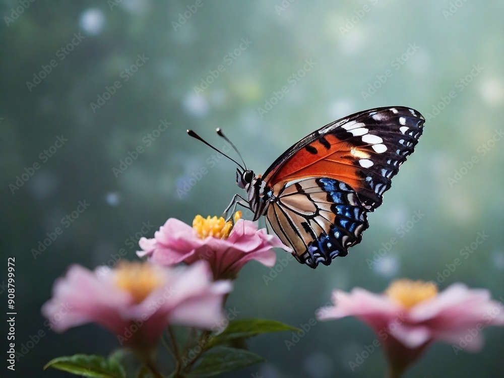 Blooming flower, with intricate details of its wings and the flower petals. The detailed and colorful scene is perfect for nature and macro photography themes. Blooming flower, with intricate details of its wings and the flower petals. The detailed and colorful scene is perfect for nature and macro photography themes.