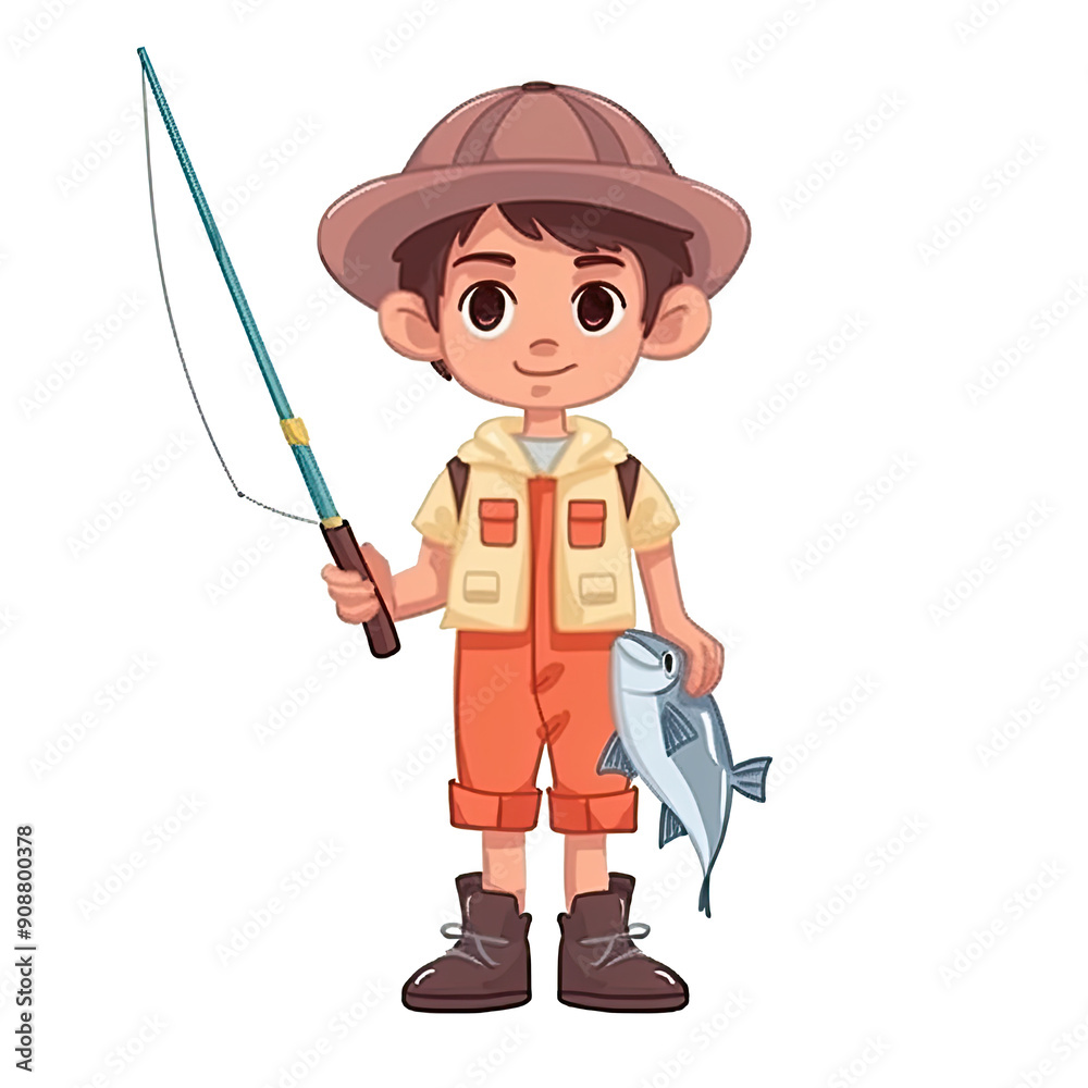 An illustration of a boy fisherman wearing a hat, holding a fish and a fishing rod An illustration of a boy fisherman wearing a hat, holding a fish and a fishing rod