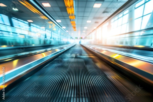 Low angle view of airport moving walkway with motion blur background. 