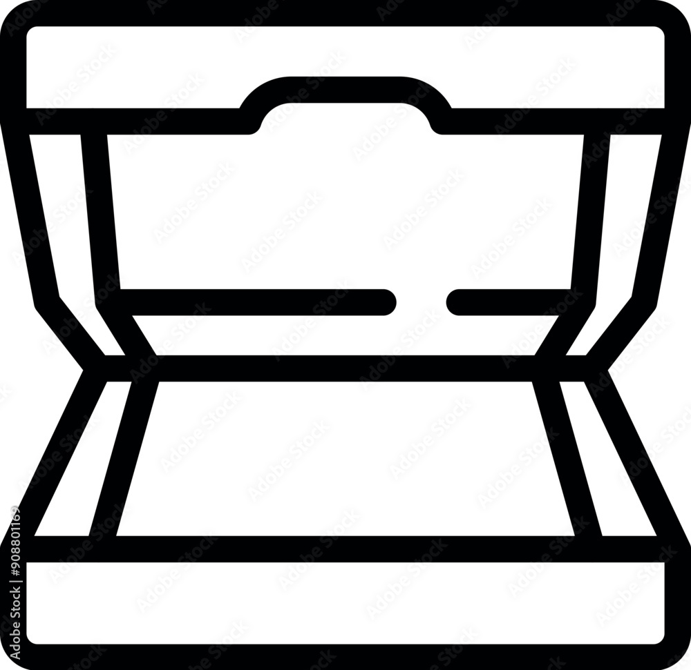 Simple black and white line drawing of an empty cardboard pizza box open and ready for food Simple black and white line drawing of an empty cardboard pizza box open and ready for food