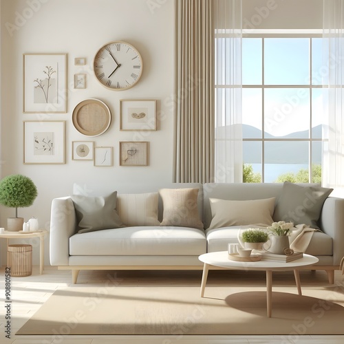Modern Living Room Interior with White Sofa and Natural Decor