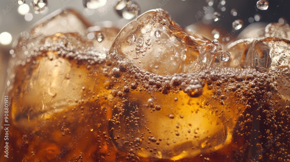 Close-up of cola with ice cubes, bubbles rising and fizzing, cold drink Close-up of cola with ice cubes, bubbles rising and fizzing, cold drink
