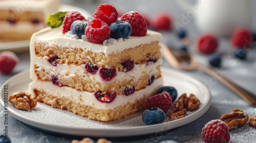 Wallpaper Mural Sweet and tasty piece of cake with fresh berries and nuts on elegant plate Torontodigital.ca