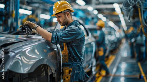 Car Manufacturing Worker Assembling Car Body.