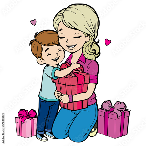 Cute Mother Holding Son cartoon character vector illustration, Happy Mother's Day illustrations. Mother with present