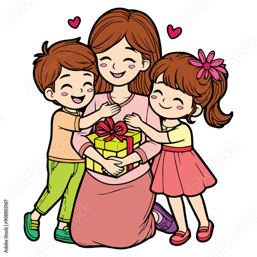 Cute Mother Holding Daughter and Son cartoon character vector illustration, Happy Mother's Day illustrations. Mother with present