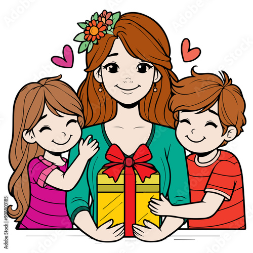 Cute Mother Holding Present with Daughter and Son cartoon character vector illustration, Happy Mother's Day illustrations. Mother with present