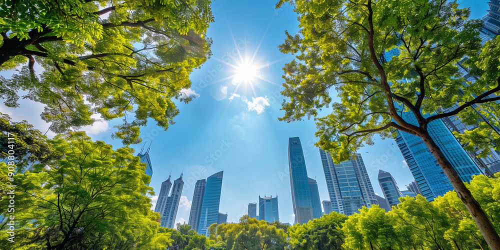 Beautiful landscape of city buildings skyline view from asphalt road in sunny day background