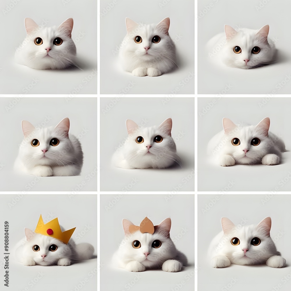 Nine White Cats with Different Expressions Nine White Cats with Different Expressions