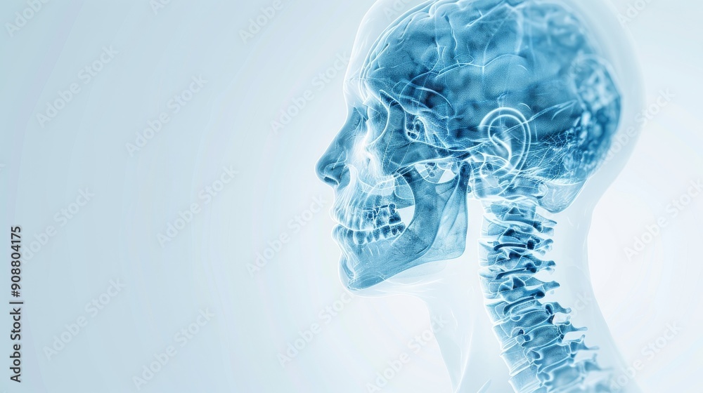Anatomical illustration of a human skull and spine, showcasing detailed structures in a translucent style.