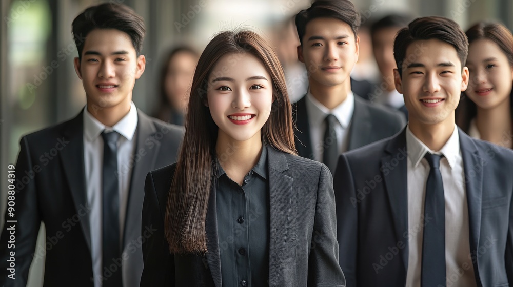 Group of successful Asian businessmen and businesswomen walking together, smiling confidently in business attire Group of successful Asian businessmen and businesswomen walking together, smiling confidently in business attire